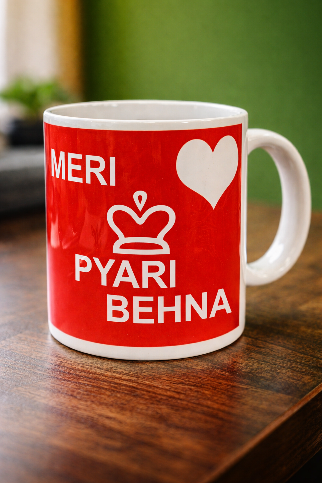 Red Printed Coffee Mug – “Meri Pyari Behna” Ceramic Gift Cup with Heart Design